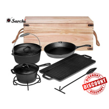 Pre-Seasoned Heavy Duty Gusseisen Camping Kochen Set mit Vintage Tragen Aufbewahrungsbox